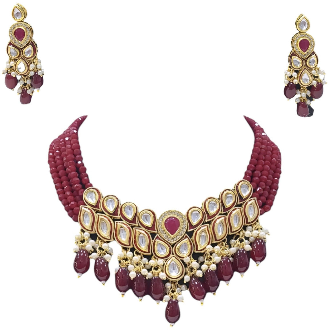 NS681 MAROON Kundan Necklace Earring Jewellery Set