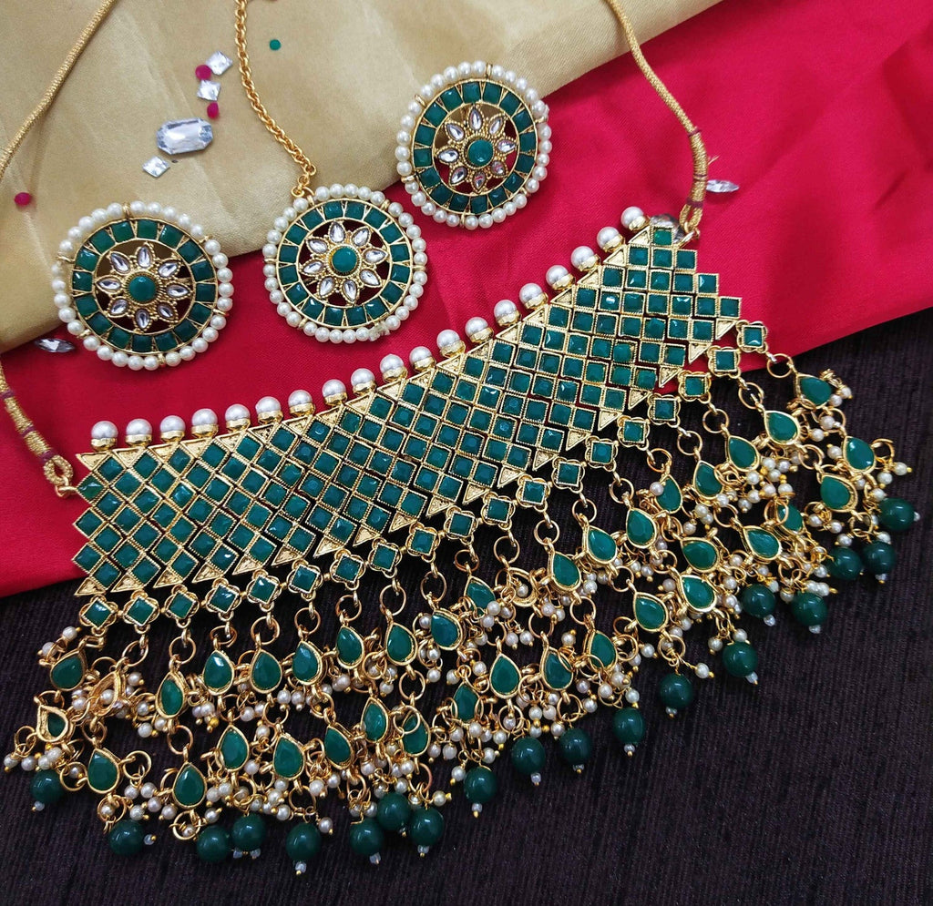 NS63 GREEN Kundan Necklace Earring Jewellery Set