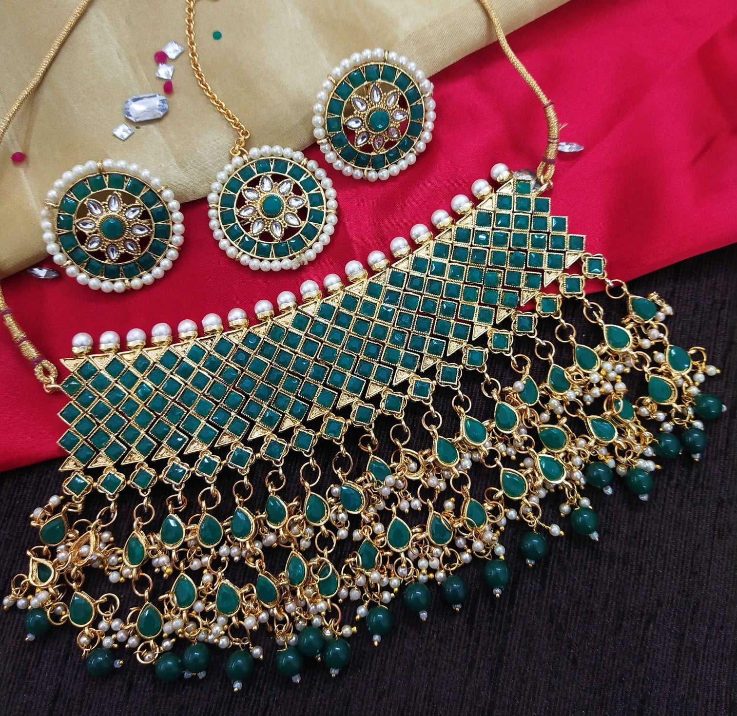NS63 GREEN Kundan Necklace Earring Jewellery Set