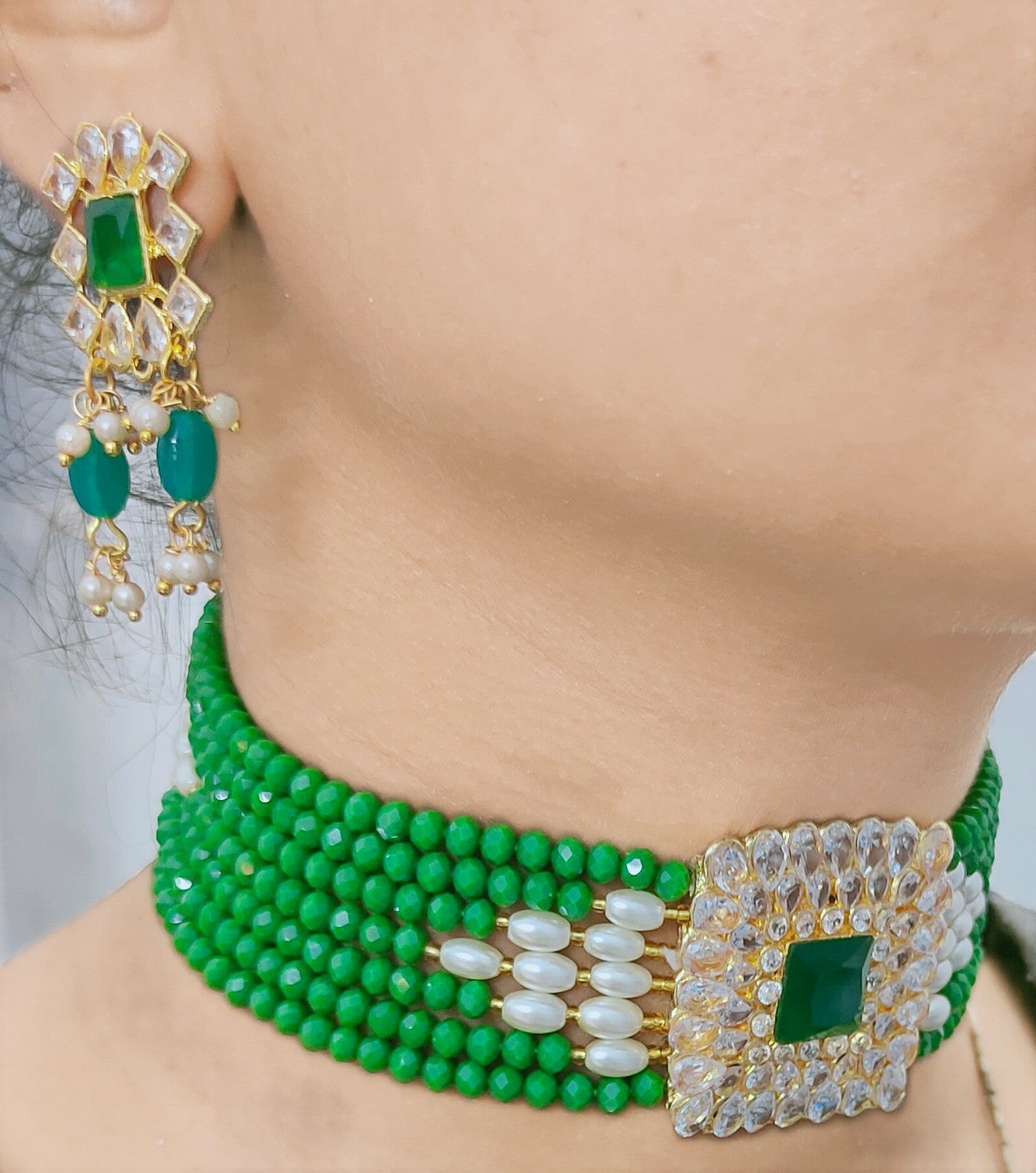 NS43 GREEN Kundan Necklace Earring Jewellery Set