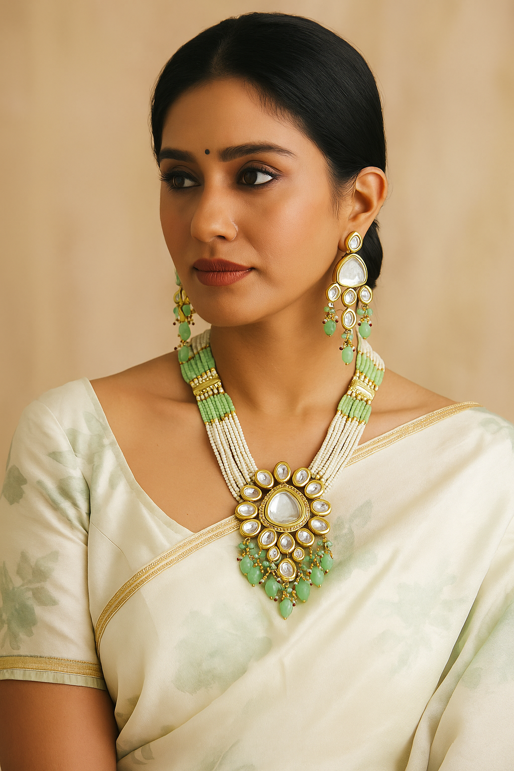 Fine Touch Kundan Mint Green long necklace set (K56)