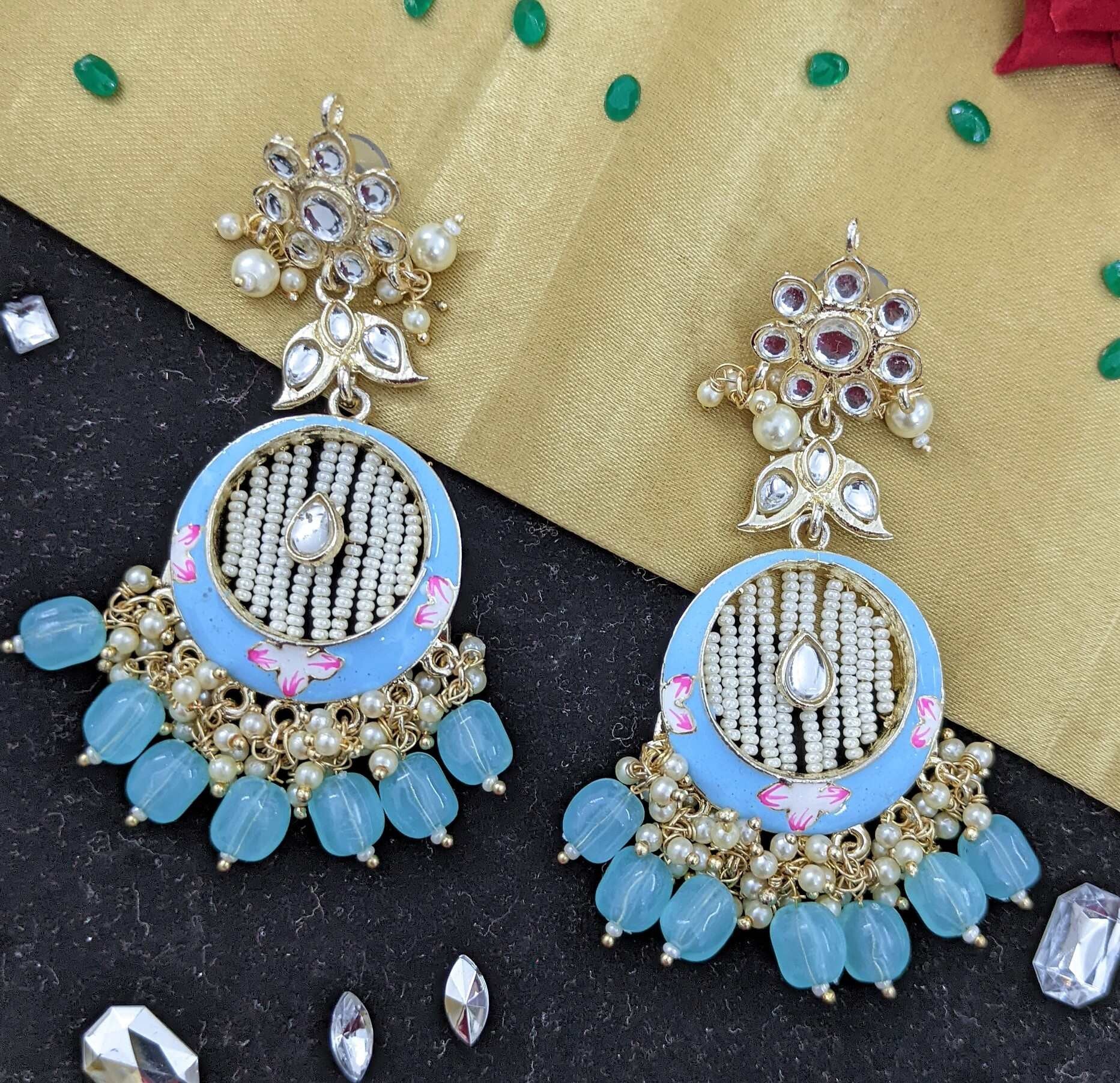 Kundan Meenakari Earring (ER66 SKY BLUE) - Earrings Artificial from Knight Angel Jewels