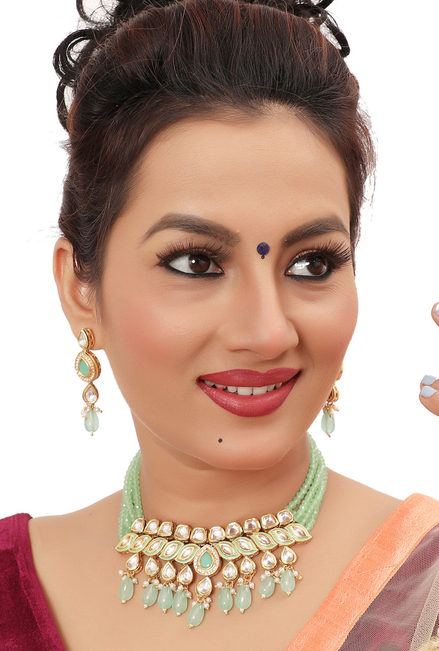 NS496 Mint Green Kundan Necklace Earring Jewellery Set