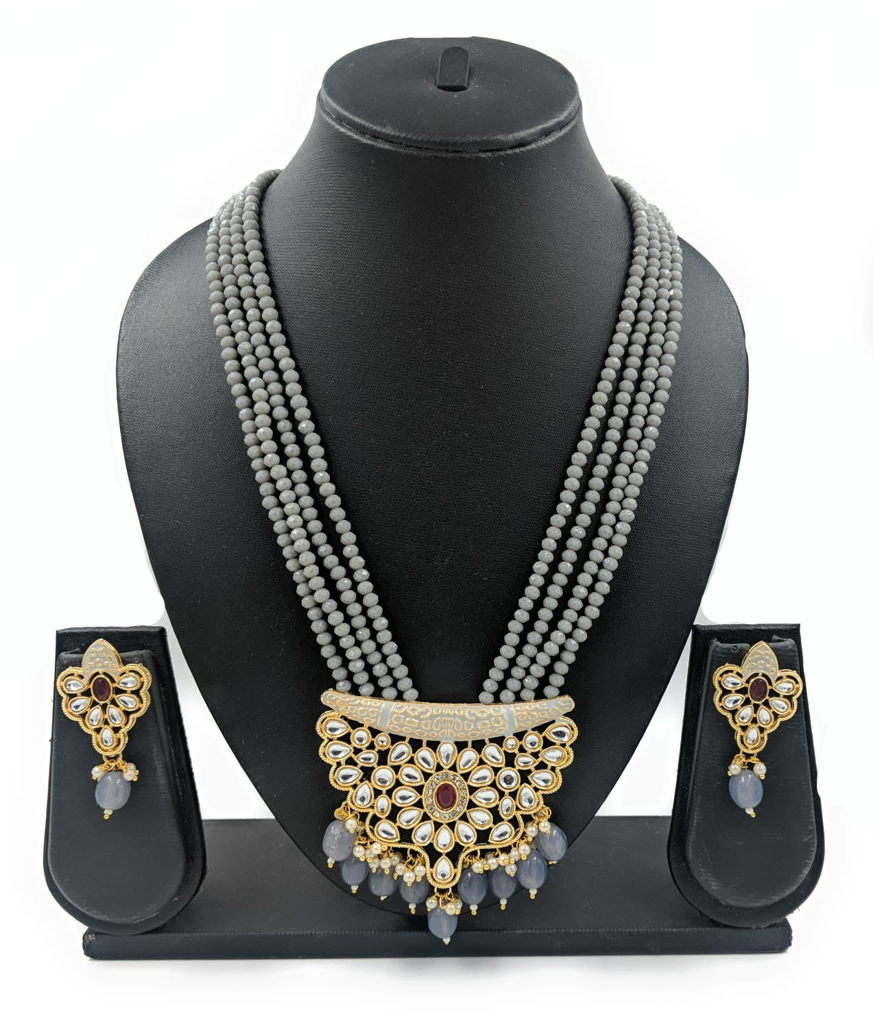Fine Blend Kundan Pendant Necklace Set (Grey)