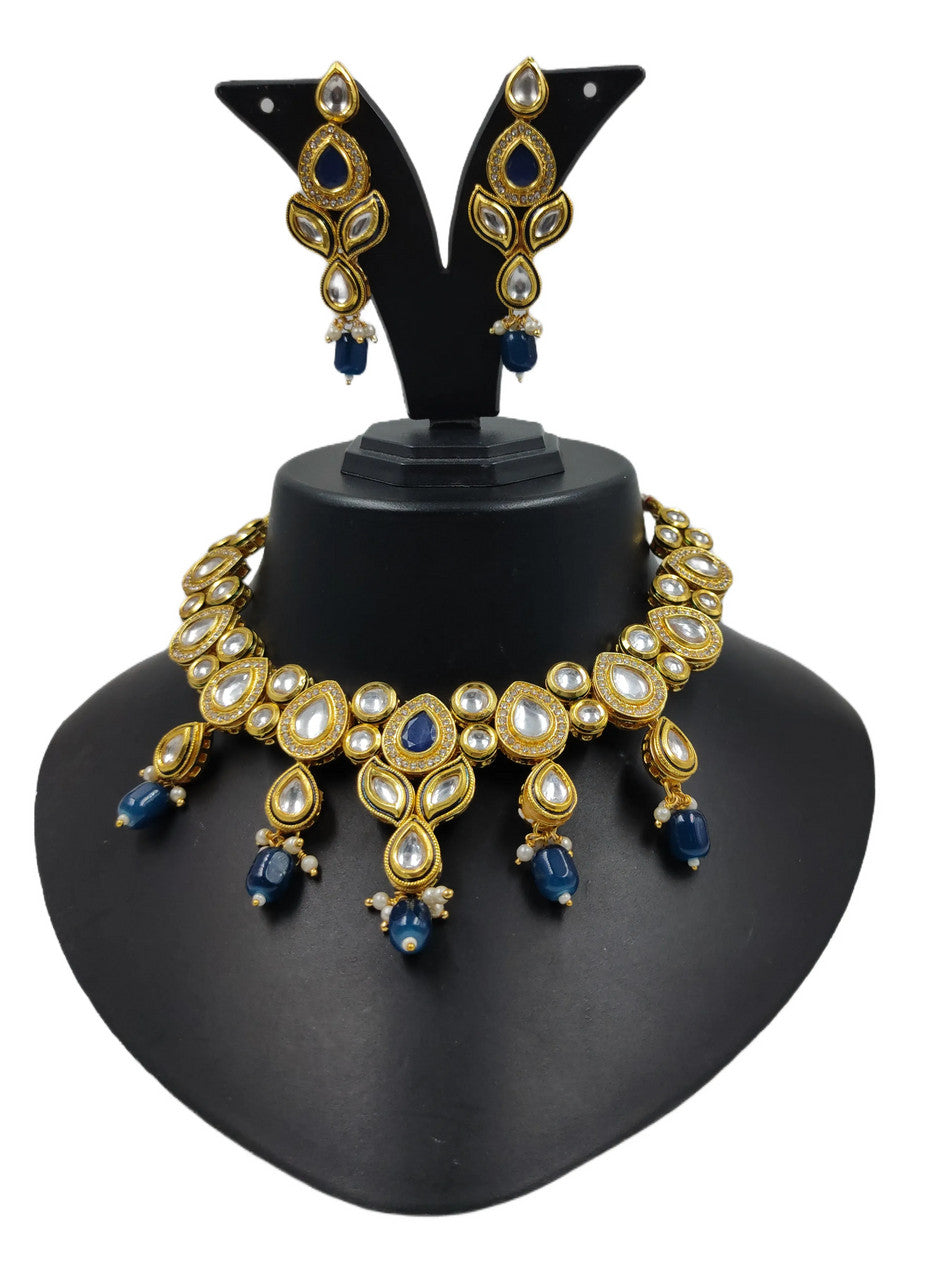 NS614 Blue Kundan Necklace Earring Jewellery Set