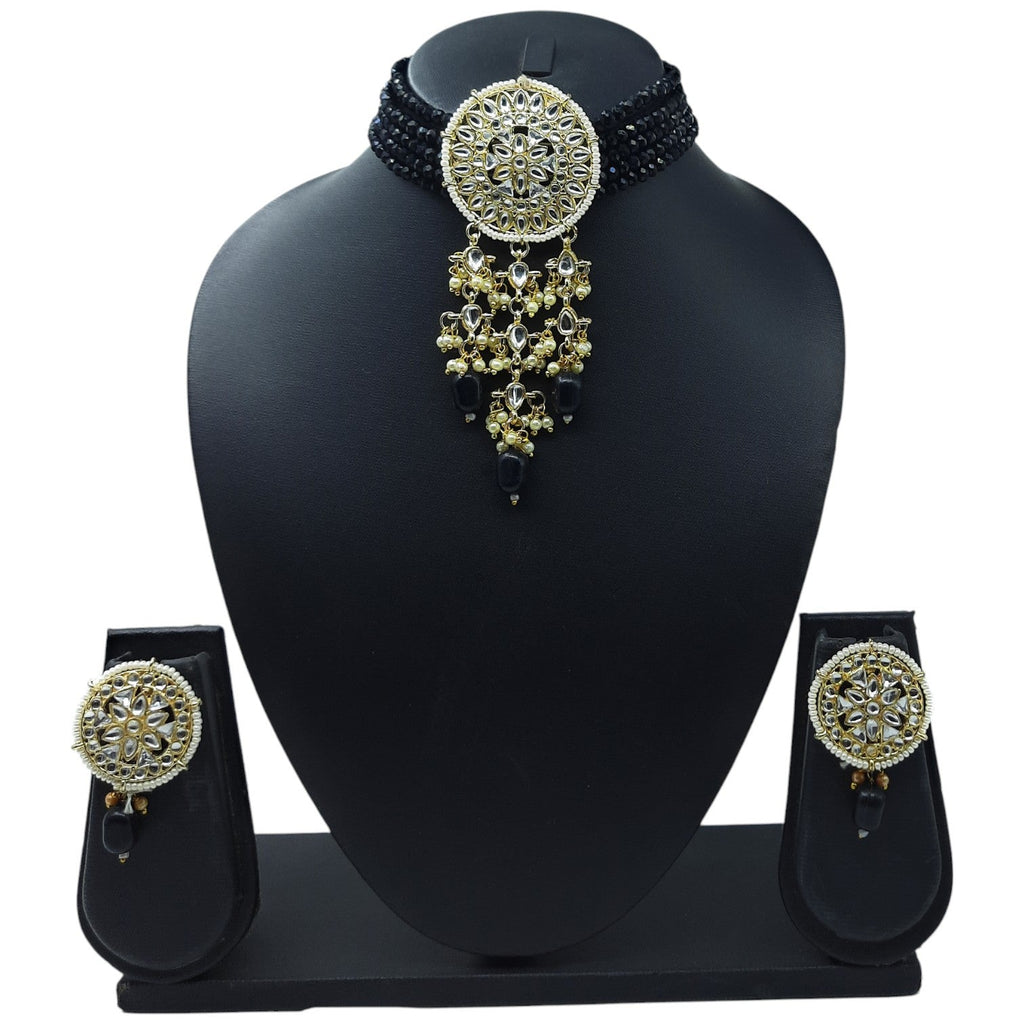 NS46 BLACK Kundan Necklace Earring Jewellery Set