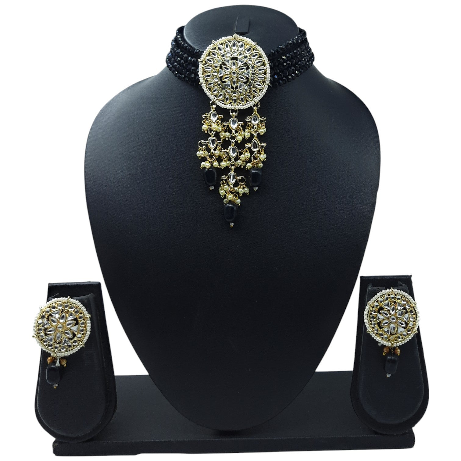 NS46 BLACK Kundan Necklace Earring Jewellery Set