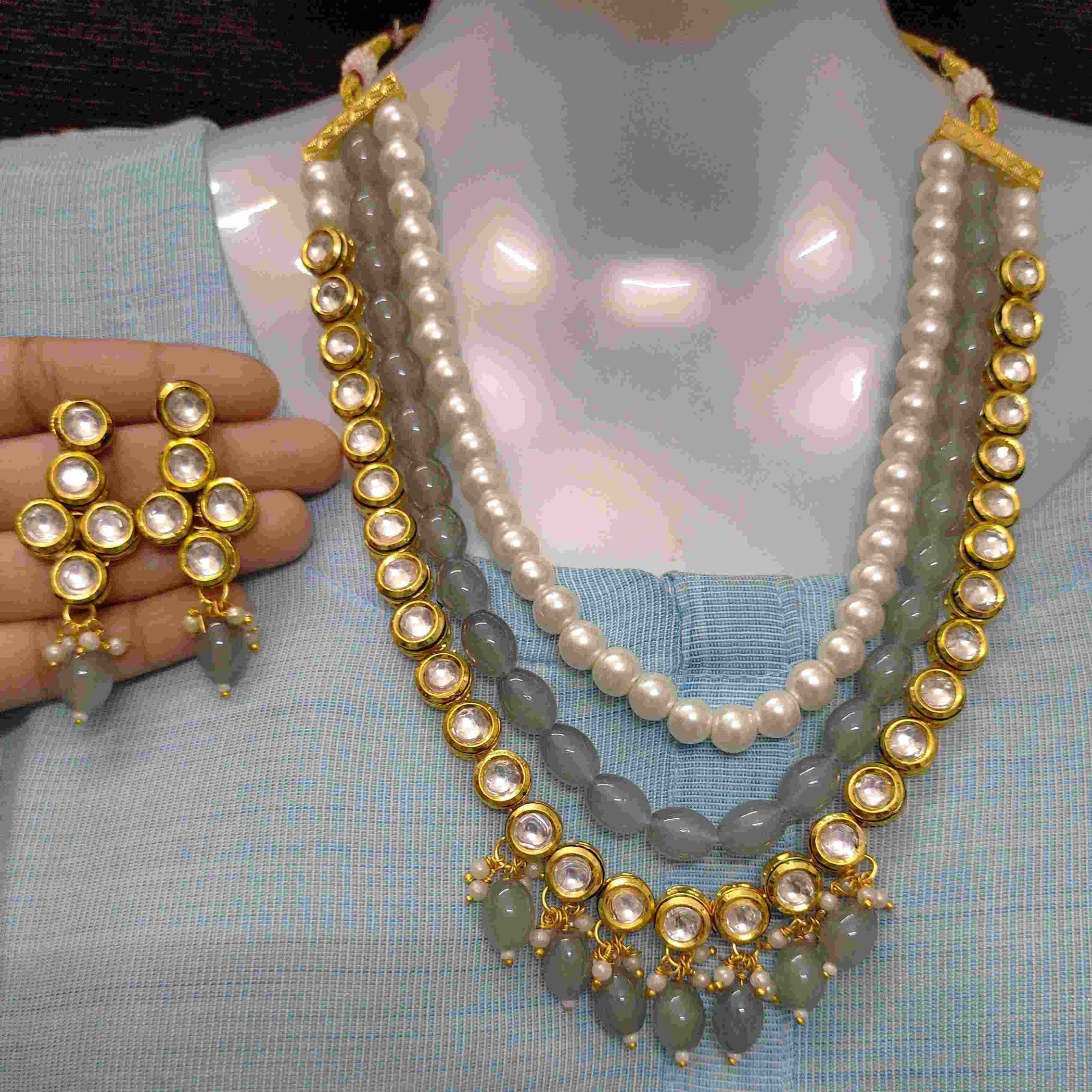 NS501 Grey Kundan Necklace Earring Jewellery Set