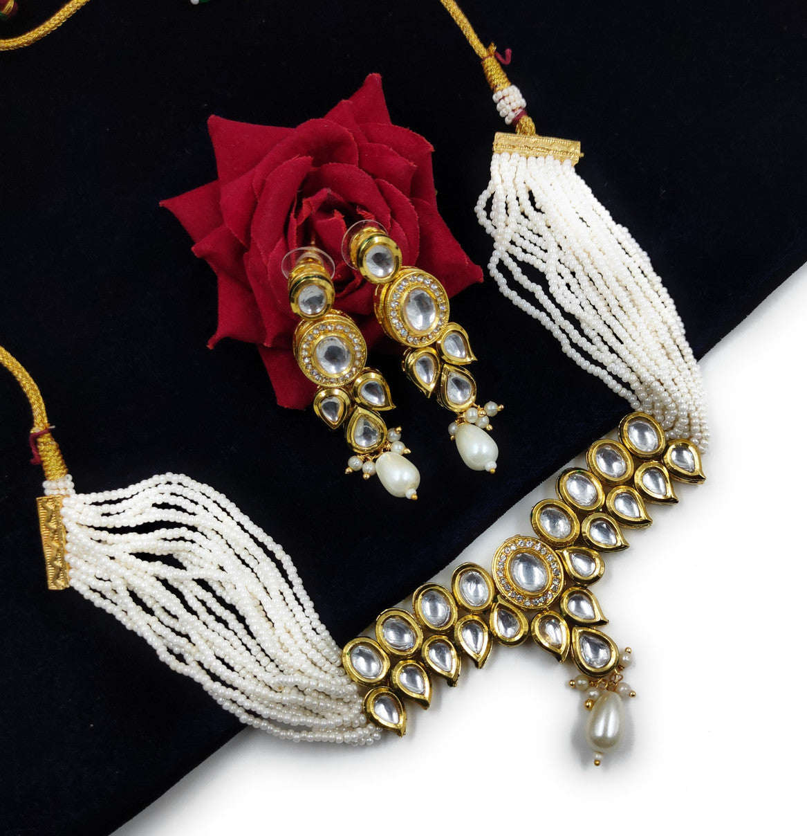 NS499 White Kundan Necklace Earring Jewellery Set