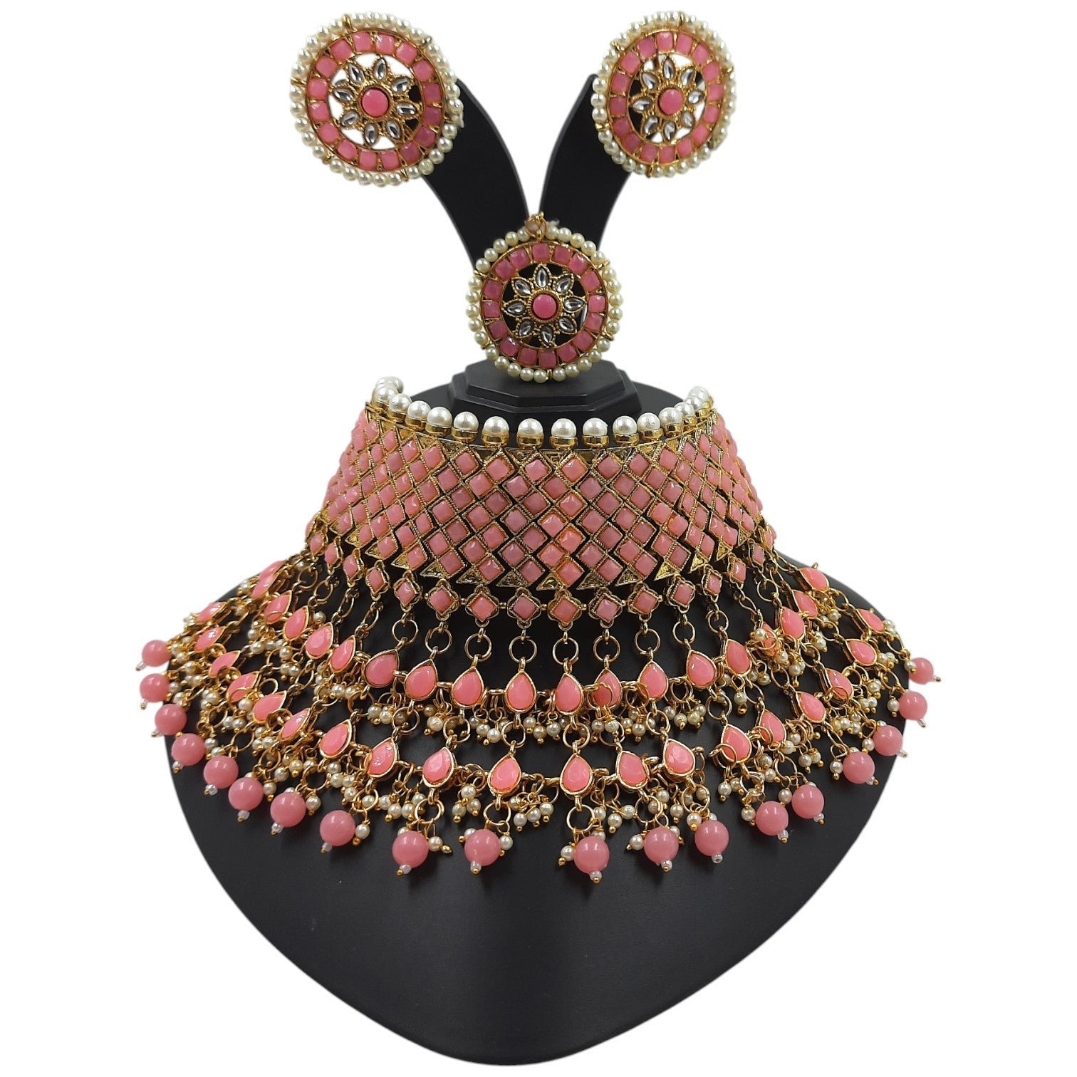 NS63 PINK Kundan Necklace Earring Jewellery Set