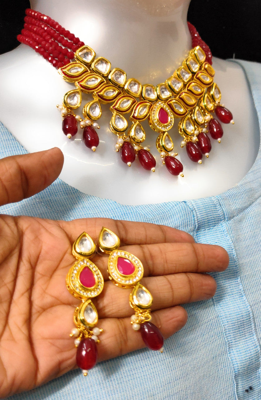NS496 Maroon Kundan Necklace Earring Jewellery Set