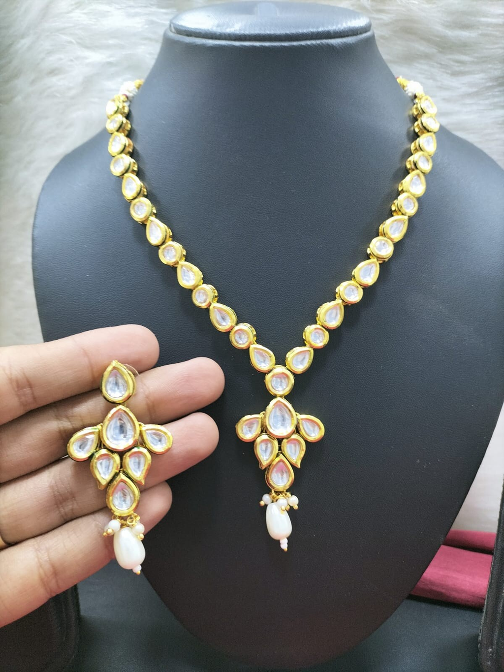 NS502 White Kundan Necklace Earring Jewellery Set