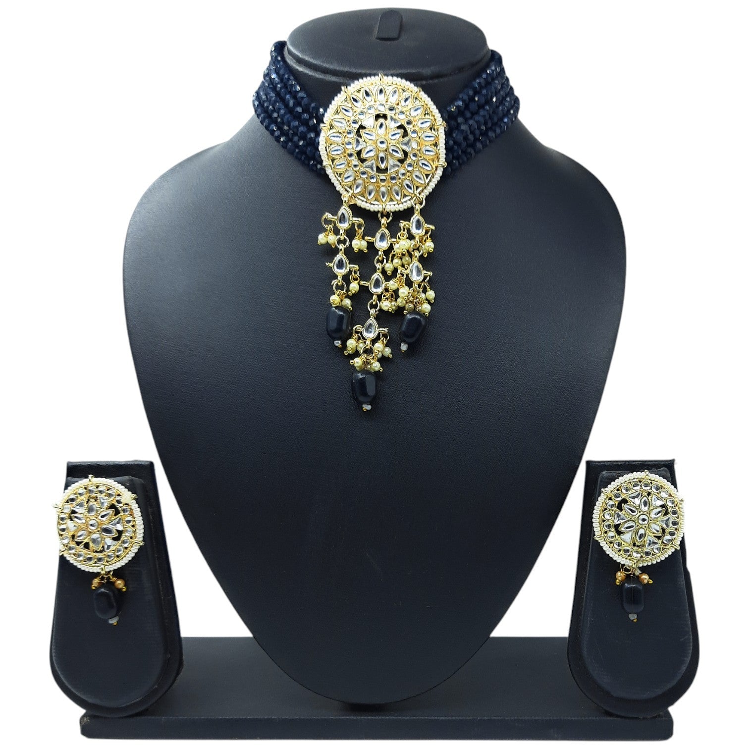 NS46 BLUE Kundan Necklace Earring Jewellery Set