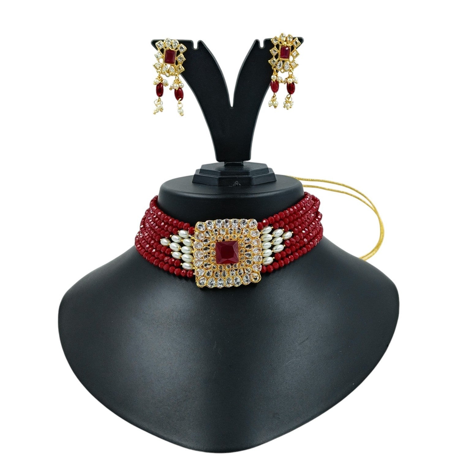 NS43 RED Kundan Necklace Earring Jewellery Set
