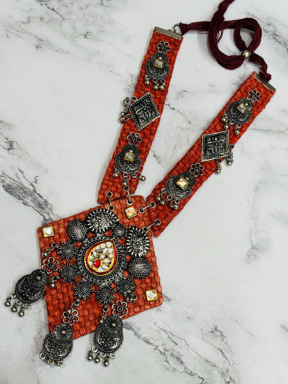 Classy Red Handmade Navratri oxidised fabric fusion jewellery