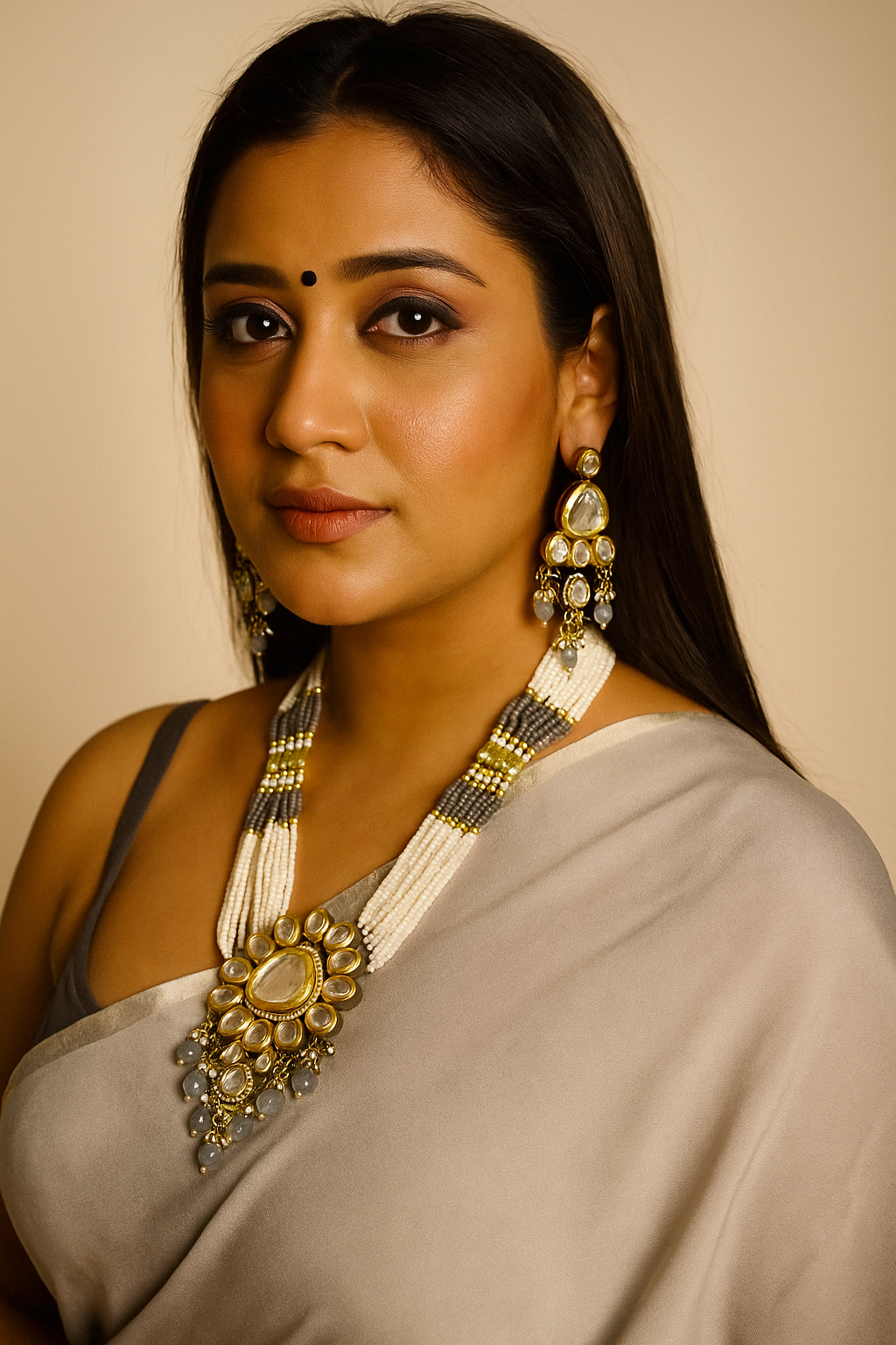 Royal Presence Kundan long Grey necklace set (K56)