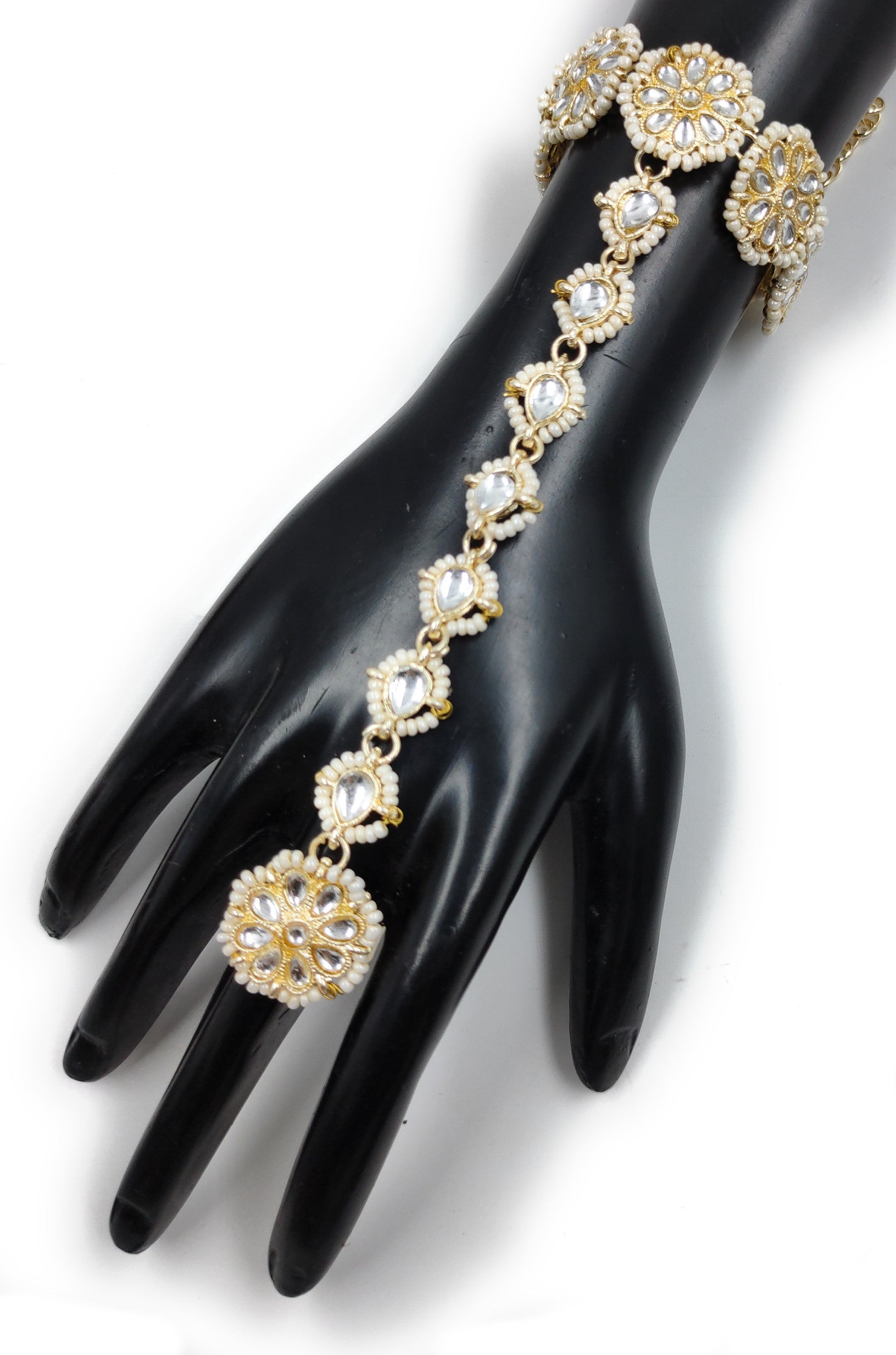 BR117 Flower Kundan Flower Hand Ring Bracelet