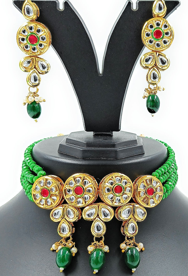 NS320 GREEN Kundan Necklace Earring Jewellery Set