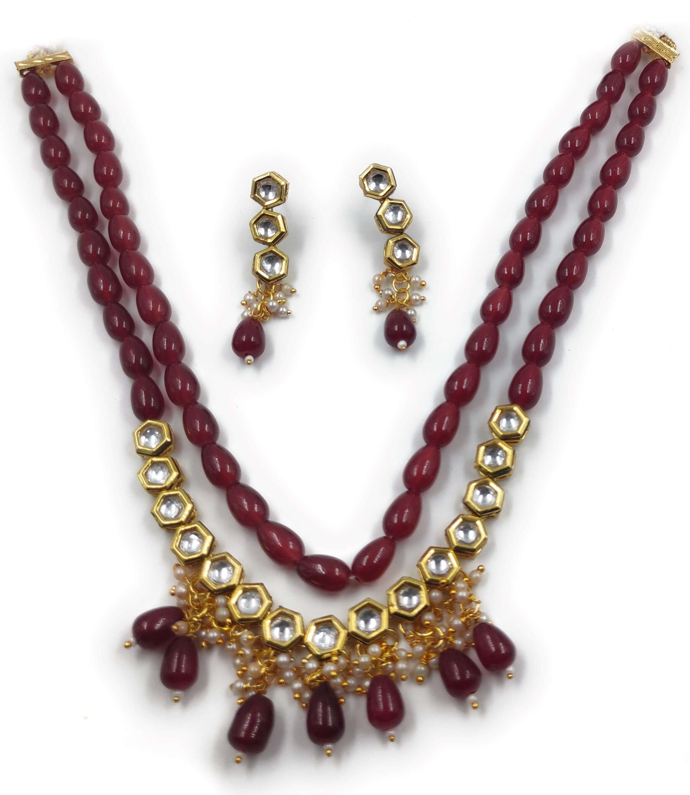 NS450 Maroon Kundan Necklace Earring Jewellery Set