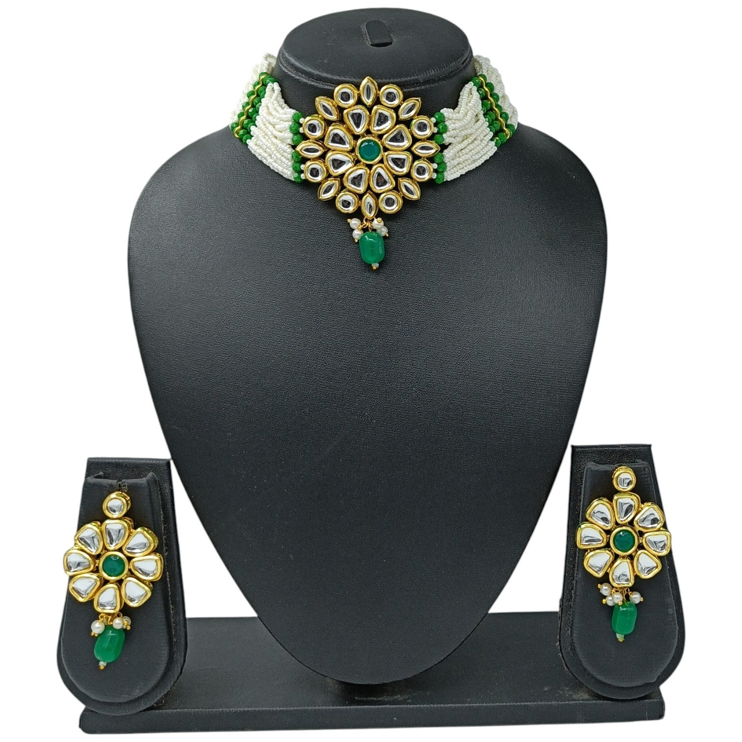 NS82 GREEN Kundan Necklace Earring Jewellery Set