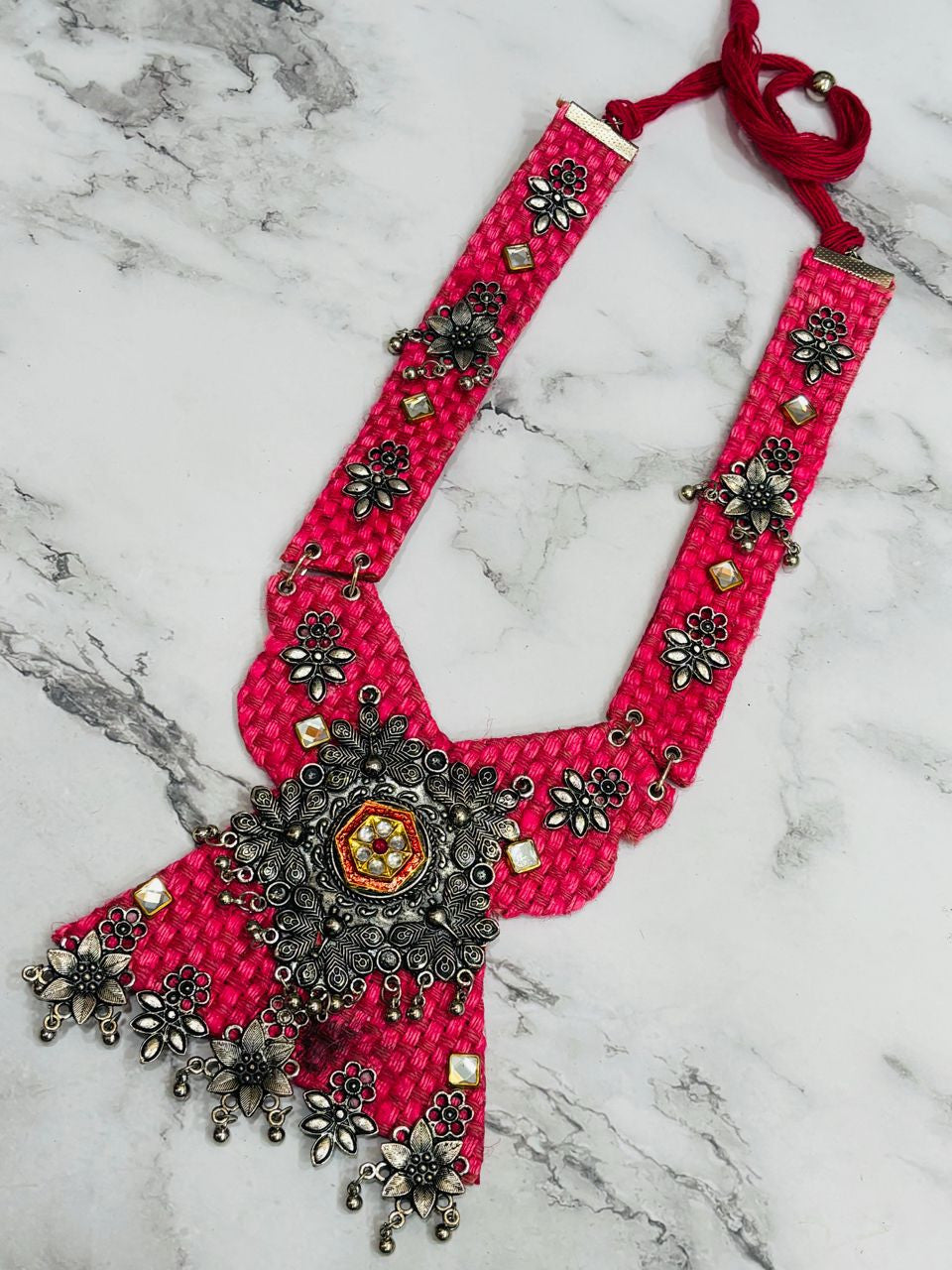 Stylish pink Handmade Navratri oxidised fabric fusion jewellery