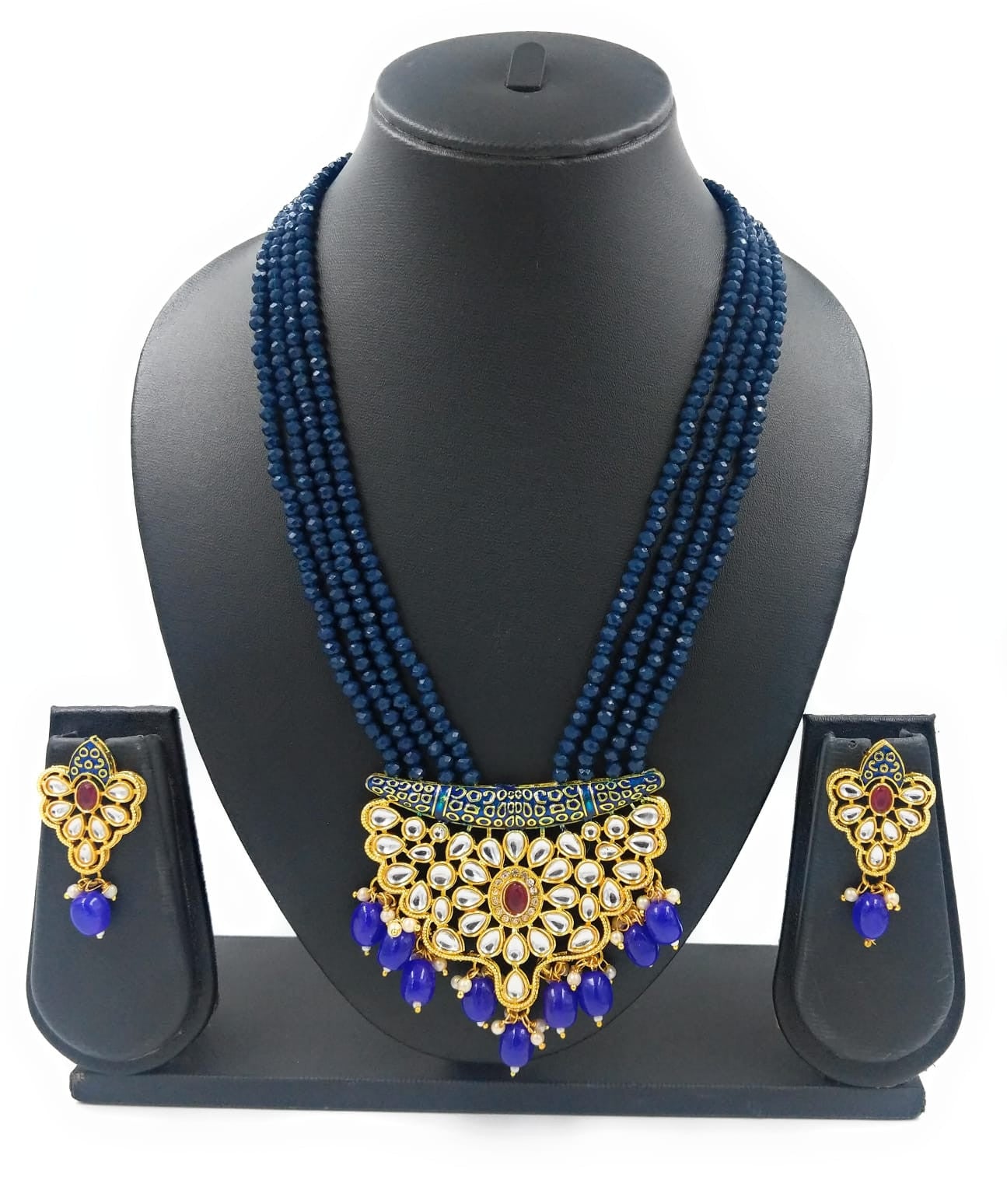 Elegant Statement Kundan Pendant Necklace Set (Blue)