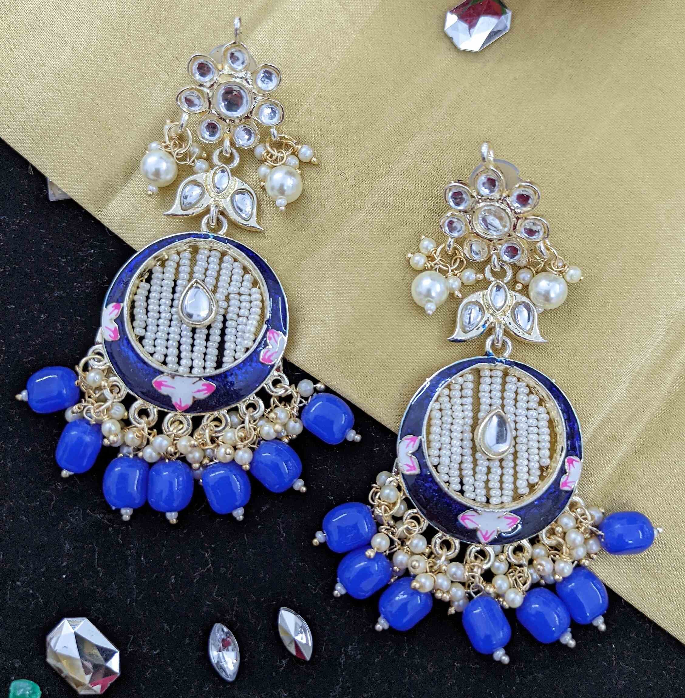 Kundan Meenakari Earring (ER66 BLUE) - Earrings Artificial from Knight Angel Jewels