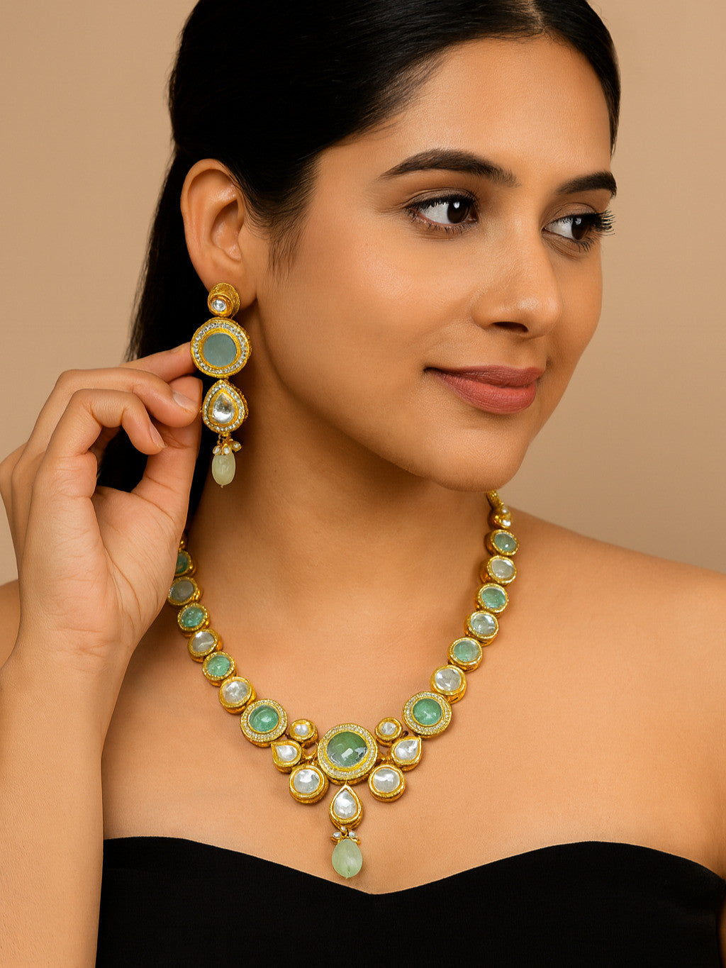 NS676 MINT GREEN Kundan Necklace Earring Jewellery Set