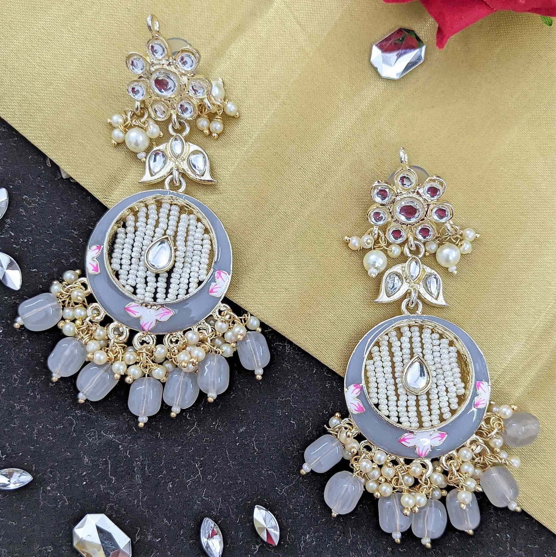 Kundan Meenakari Earring (ER66 GREY) - Earrings Artificial from Knight Angel Jewels