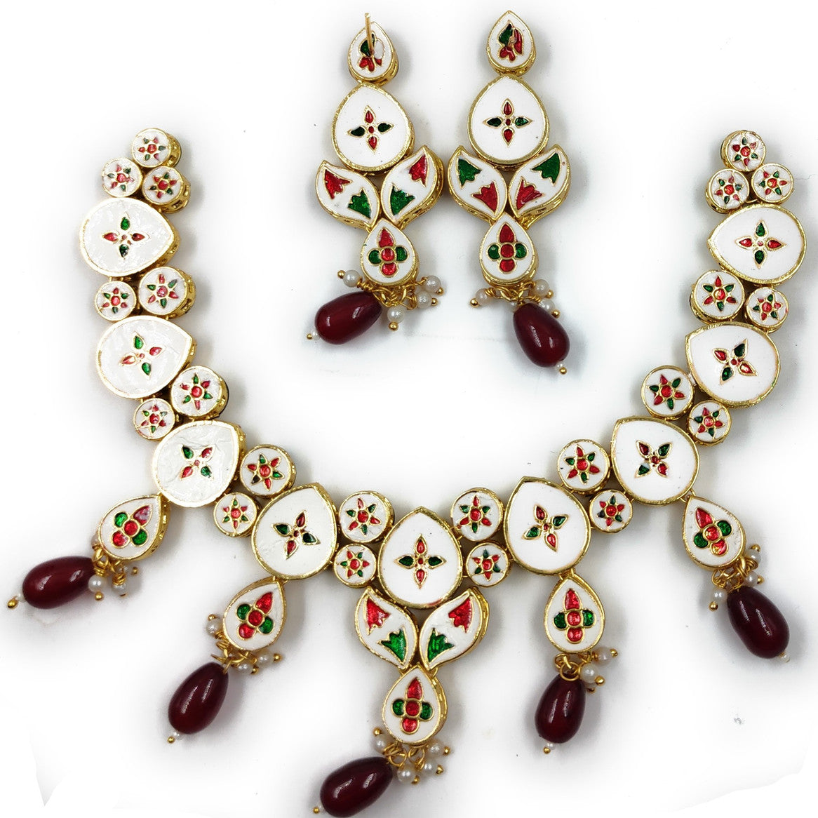NS614 Maroon Kundan Necklace Earring Jewellery Set