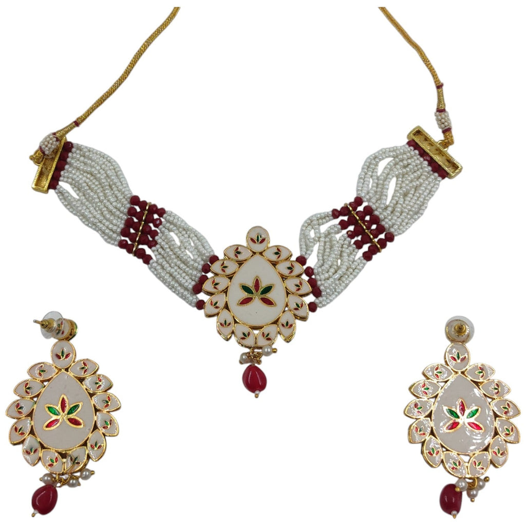 NS109 RED Kundan Necklace Earring Jewellery Set