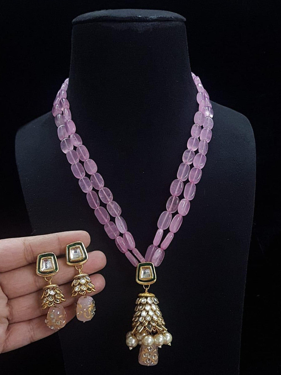 Baby Pink Monalisa Beads Long Necklace With Kundan Pendant And Earring