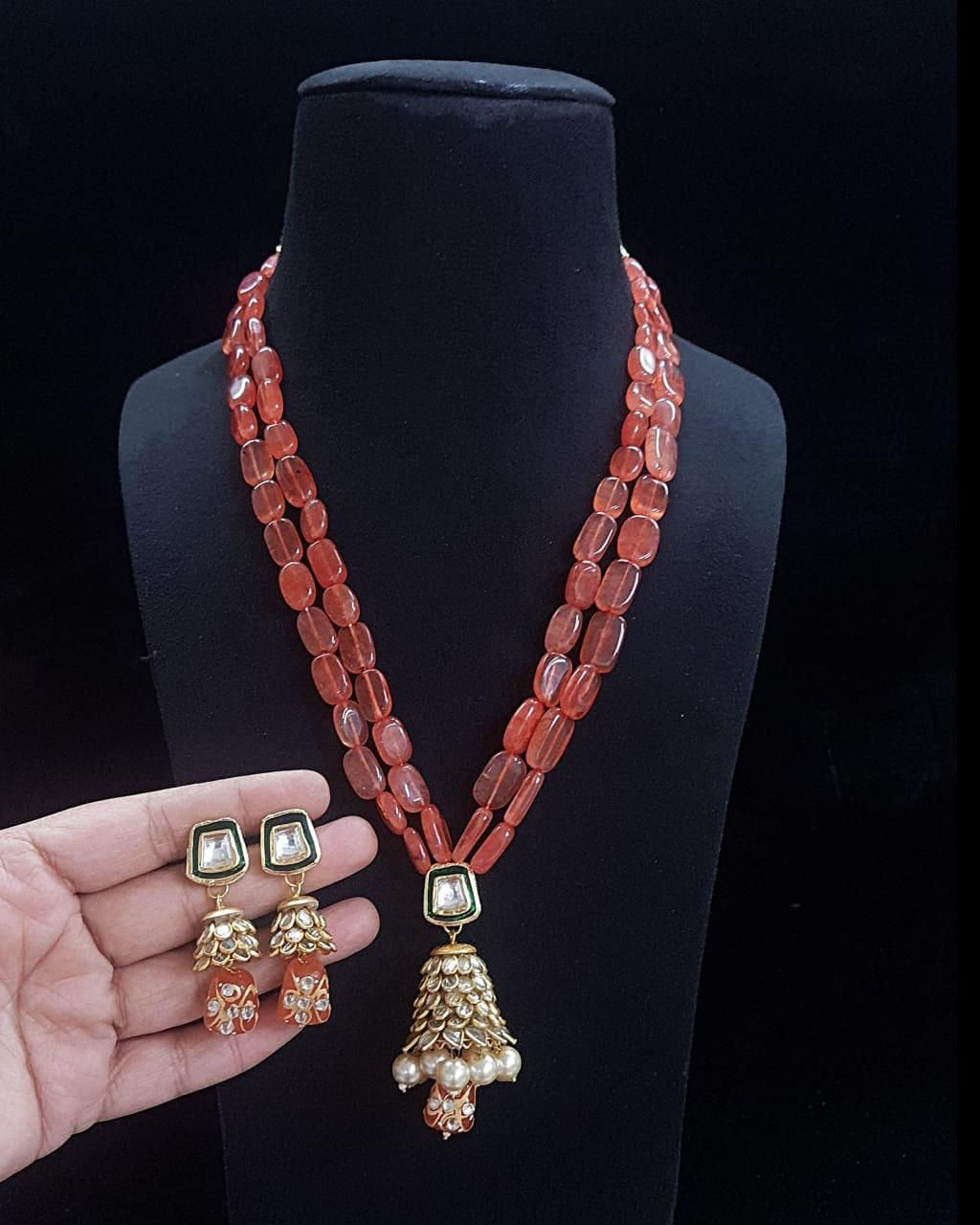 Orange Monalisa Beads Long Necklace With Kundan Pendant And Earring