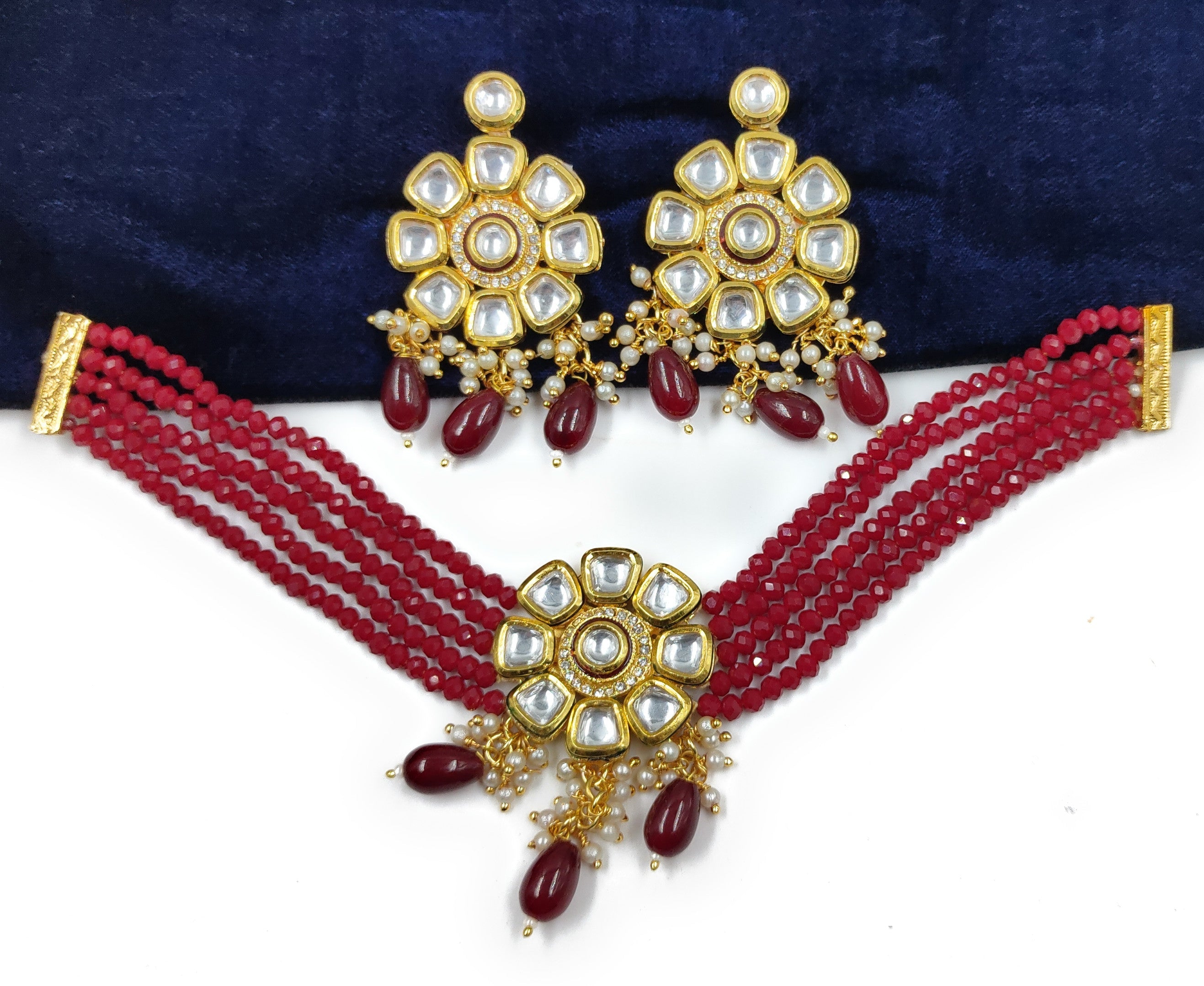 NS613 Maroon Kundan Necklace Earring Jewellery Set