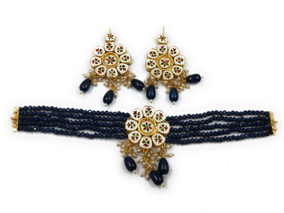 NS613 Blue Kundan Necklace Earring Jewellery Set
