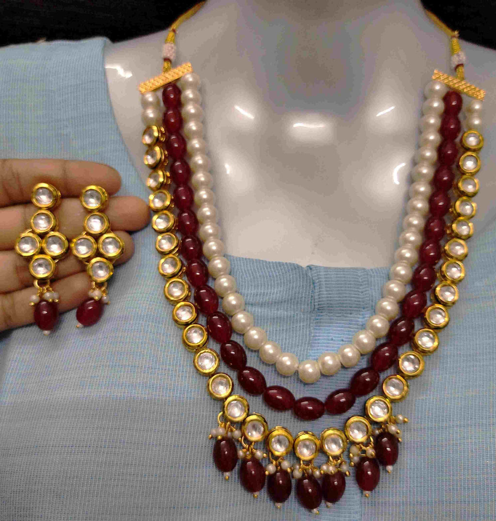 NS501 Ruby Maroon Kundan Necklace Earring Jewellery Set