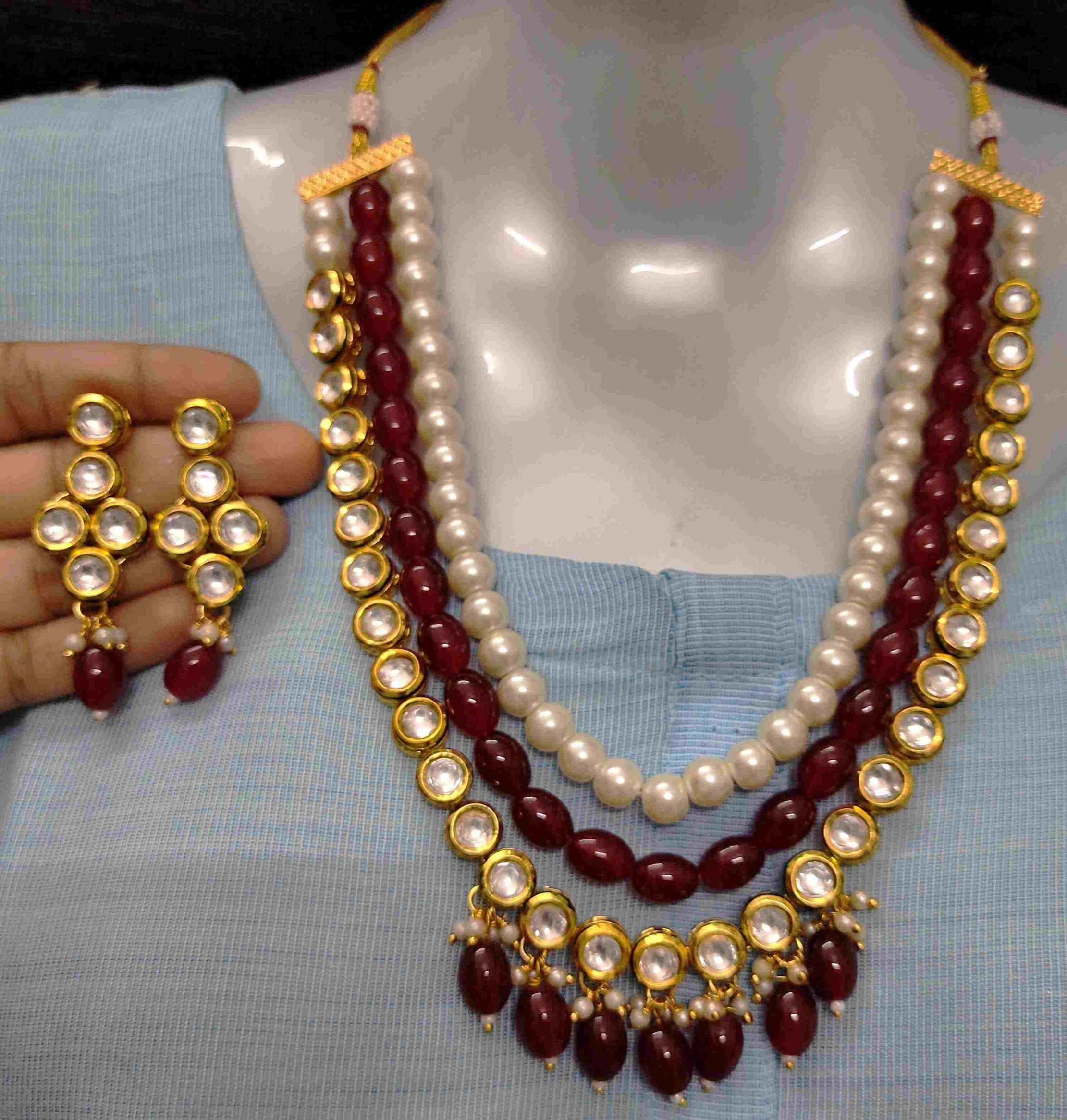 NS501 Ruby Maroon Kundan Necklace Earring Jewellery Set