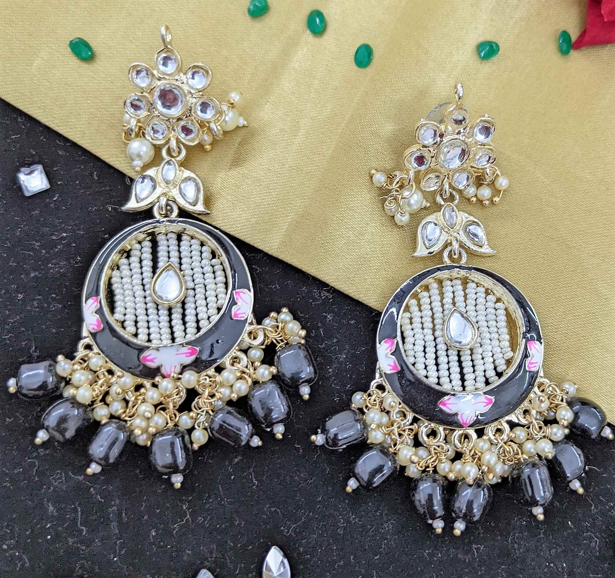 Kundan Meenakari Earring (ER66 BLACK) - Earrings Artificial from Knight Angel Jewels