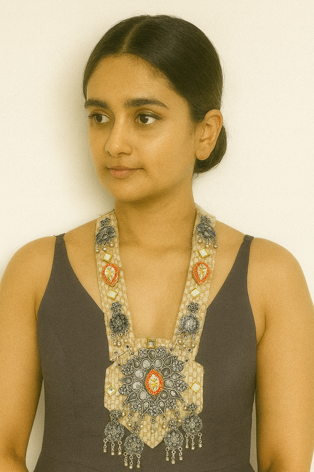 Classy Cream Handmade Navratri oxidised fabric fusion jewellery